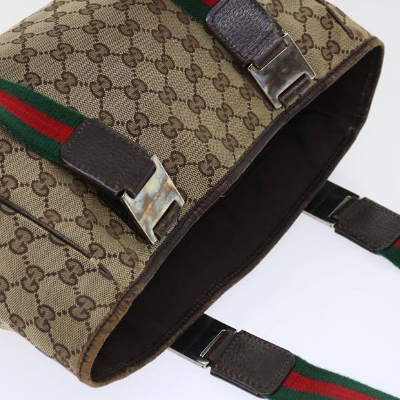 GUCCI GG Canvas Web Sherry Line Hand Bag Canvas Leather Beige Green Auth 53681 - Picture 7 of 16